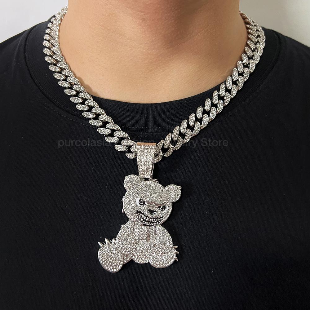 Hip Hop Aggressive Bear Pendant Iced Out Rhinestones Necklace for Men Women Accessories Iced Out