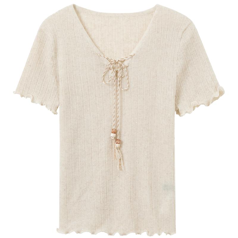 Sancai V-Neck Tassel Tie Short Sleeve Knit Top S