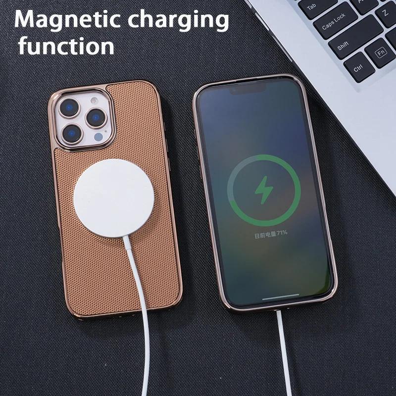 Plattierungsleder-Unterstützung Drahtloses Laden Magnetische Telefonhülle für iPhone 16E 16 15 14 Plus 13 12 11 Pro Max Soft Edge Cover