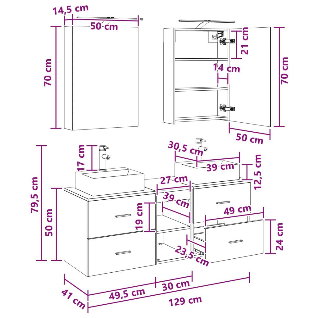 5 Piece Bathroom Furniture Set Black Oak Engineered Wood & Glass