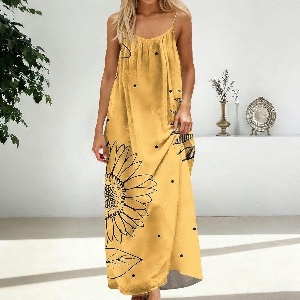 Women's Fashion Backless Spaghetti Strap Casual Loose Floral Print Dress