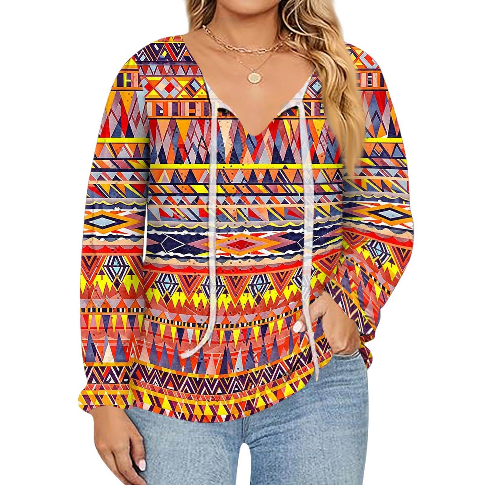 

Женский модный топ с принтом, повседневный, с V-образным вырезом и длинным рукавом XL арбуз красный