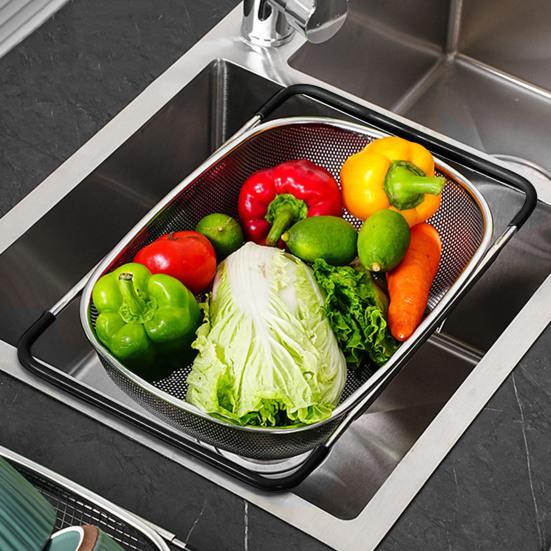 Kitchen Sink Colander Strainer Basket with Expandable Rubber Grip Large Capacity Vegetables Fruits Strainer Basket Drying Rack