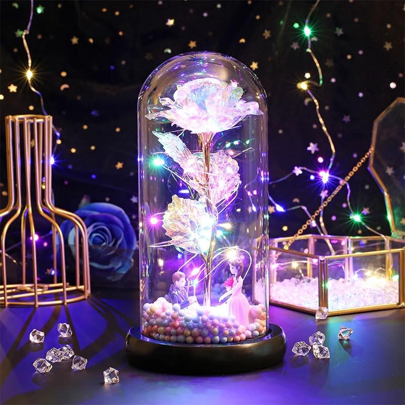 LED Rosegold Folie Konservierte Blume Glaskuppel - Kreatives Geschenk für Valentinstag & Frauentag