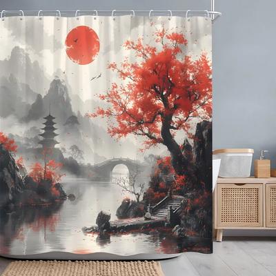 Japanese Red Cherry Blossom Seascape Shower Curtain Chinese Landscape Ink Painting Printed Fabric Shower Curtains Bathroom .