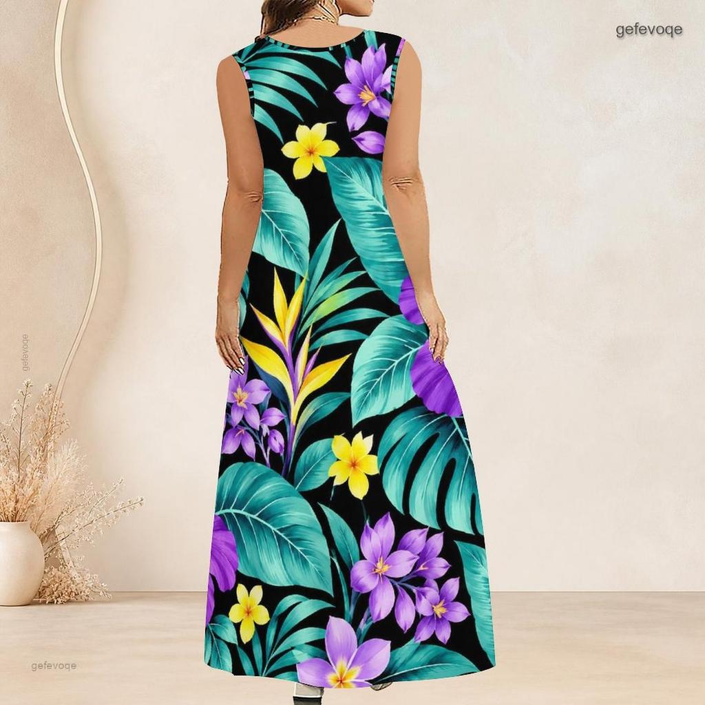 Women Plus Size Scoop Neck Sleeveless Printed Orange A Line Maxi Dress