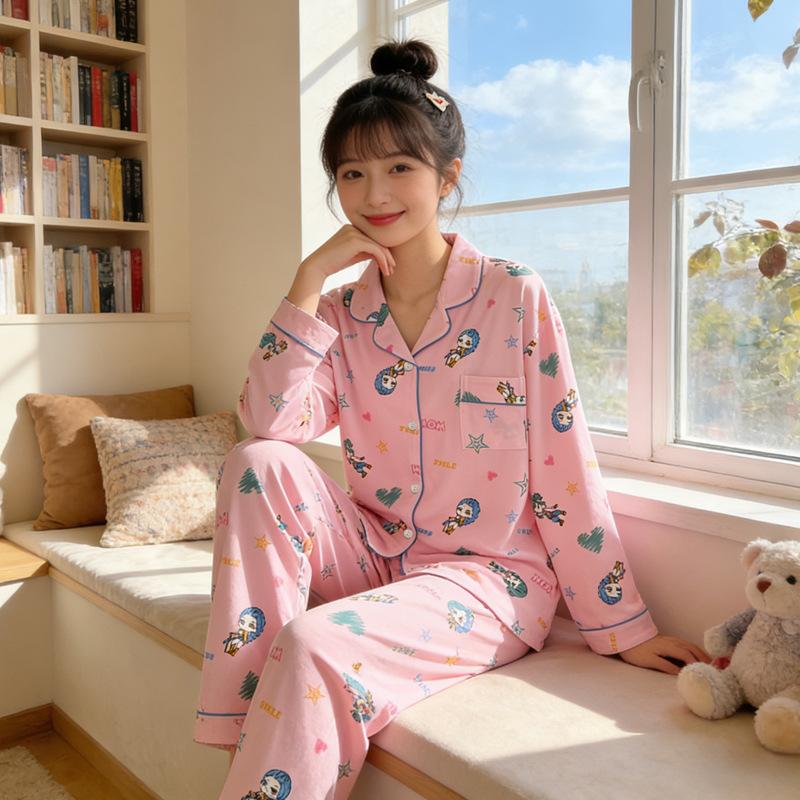 Imiteret bomuld ins japansk sløjfe pyjamas dame forår ny sød pige langærmet loungewear todelt sæt