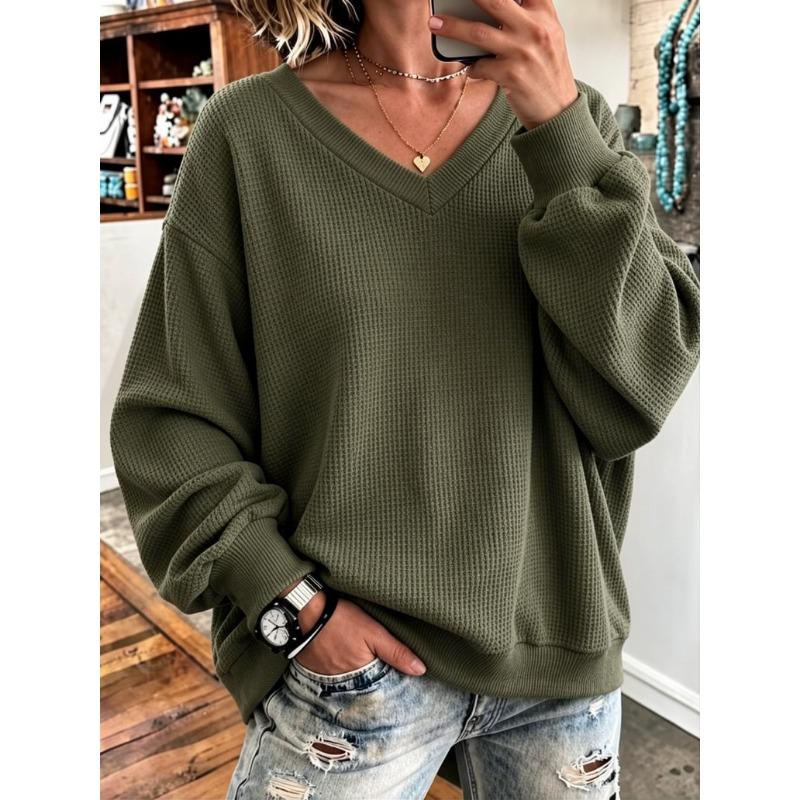 Women S Waffle Knit V Neck Long Sleeve Loose Casual Sweatshirt