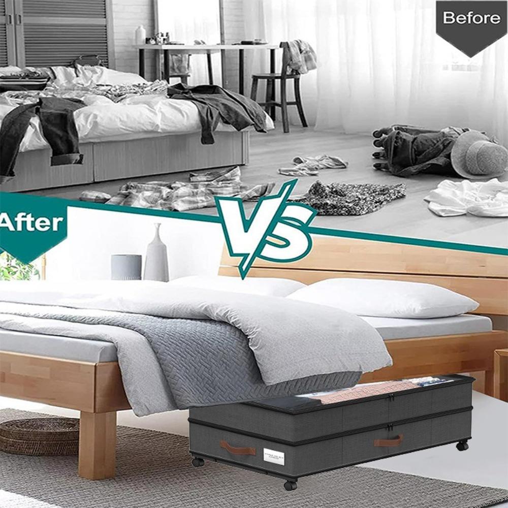 Double Layer Dividers Under Bed Storage Box with Wheels Clear Lids Organizer Bins Dustproof Foldable Storage Rack Clothes Shoes