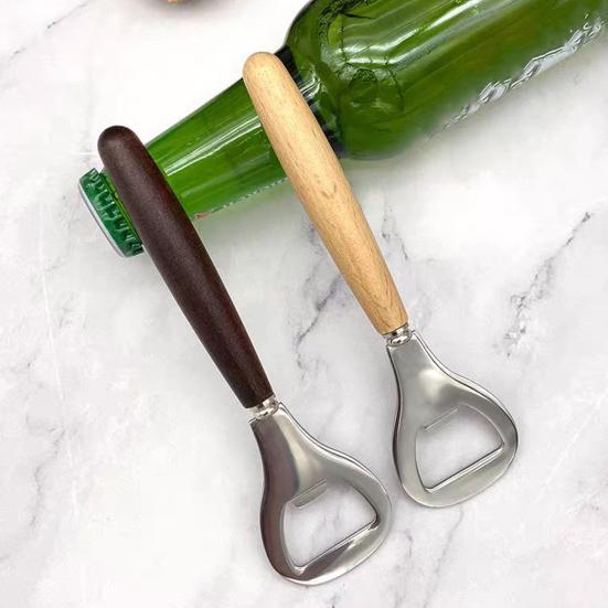 Beer Bottle Opener, Stainless Steel Cap Remover with Beech Wood Handle, Heavy Duty Opener for Kitchen Bar Camping Outdoor