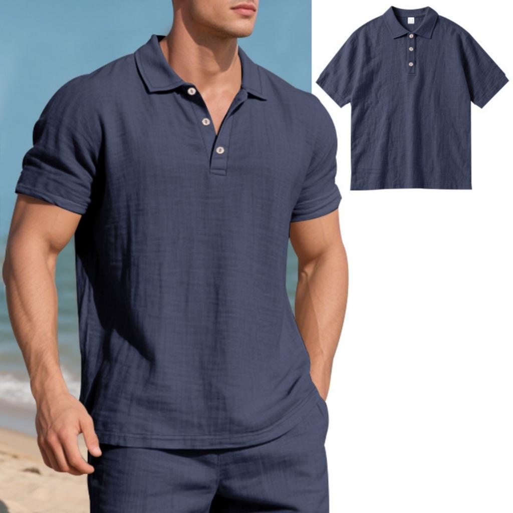 Men's Linen Shirts Golf Short Sleeve Shirts Casual Summer Beach  Solid Color Tops