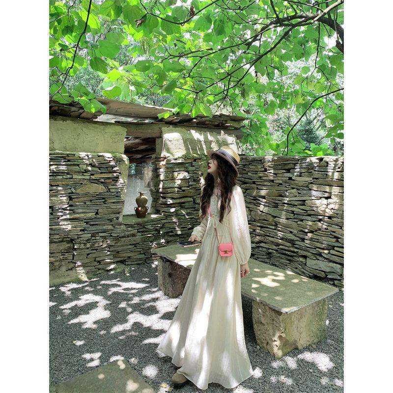 French Style Sweet Style Lace Patchwork Niche style Age-reducing Long sleeves Dress Women's Autumn Waist Slim Looking A- line Skirt Long Skirt