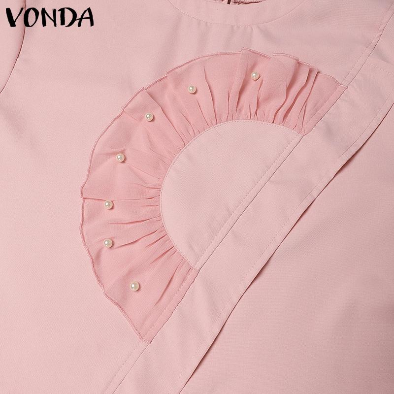 VONDA Women Summer Round Neck Short Sleeve Pearl Decorated Blouses