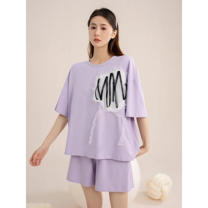 

Летняя пижама для женщин, свободная, удобная и повседневная, можно носить на улице, домашняя одежда с круглым вырезом XXL фиолетовый