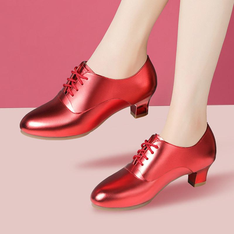 4cm 6cm Bequeme Schnürschuhe aus echtem Leder Damen Pumps Frühling 2025 Mittelhohe Blockabsätze Schuhe Rot Silber für Tanzparty Mama