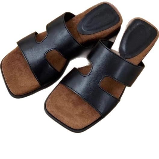 Sheepskin version of square head small slope slippers women's summer wear new models with skirts holiday wind beach cool slippers