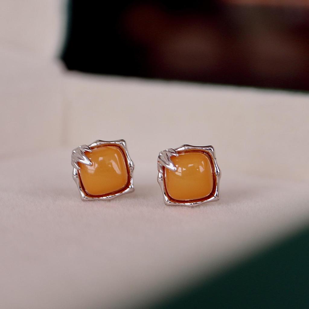 Exquisite S925 Sterling Silver Old Amber Wax Bread Block Ring Stud Earrings