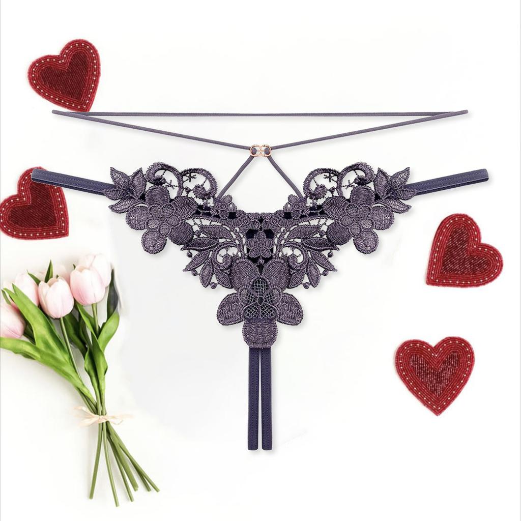 Hipster Women Embroidered Crotchless G-String Double Straps Hollow Out See-Through Sexy Lingerie Women Temptation Underpants