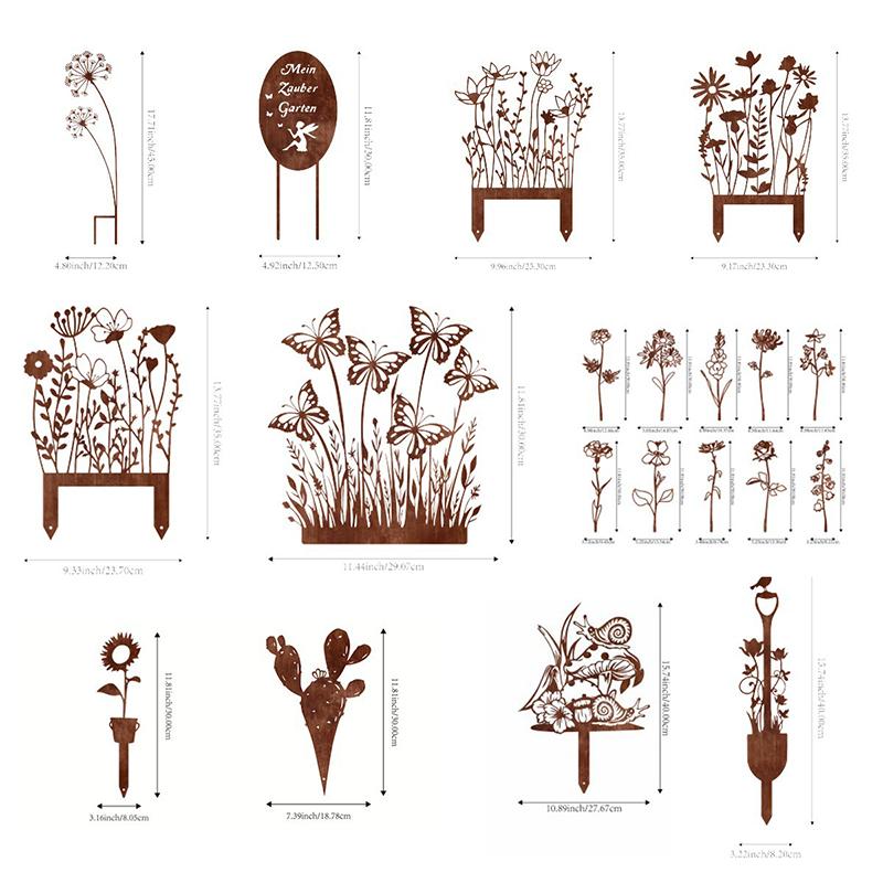 1/10Pcs Patina Finish Outdoor Decor Rustic Metal Garden Stake With Butterfly Flower Design For Garden Patio Balcony Flower Pot