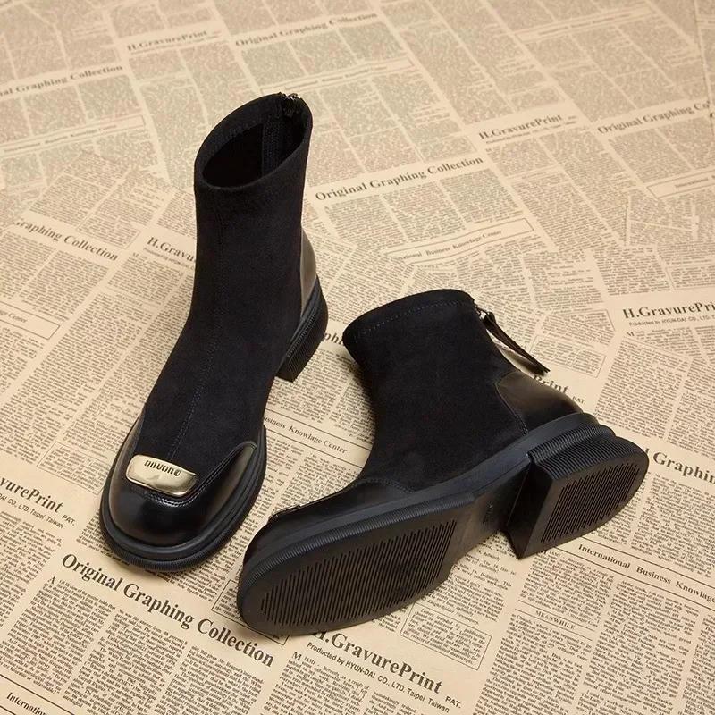 Women's Fashion Boots Round Toe Mid Heel Spring/autumn Ankle Ladies Shoes Solid Sewing Concise Women Boots Metallic Sequins 2024