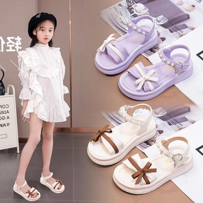 Sandales pour filles 2025 nouvelle été enfants d'âge moyen et plus âgés chaussures de plage à semelles souples à bout ouvert chaussures de princesse style étranger avec nœud