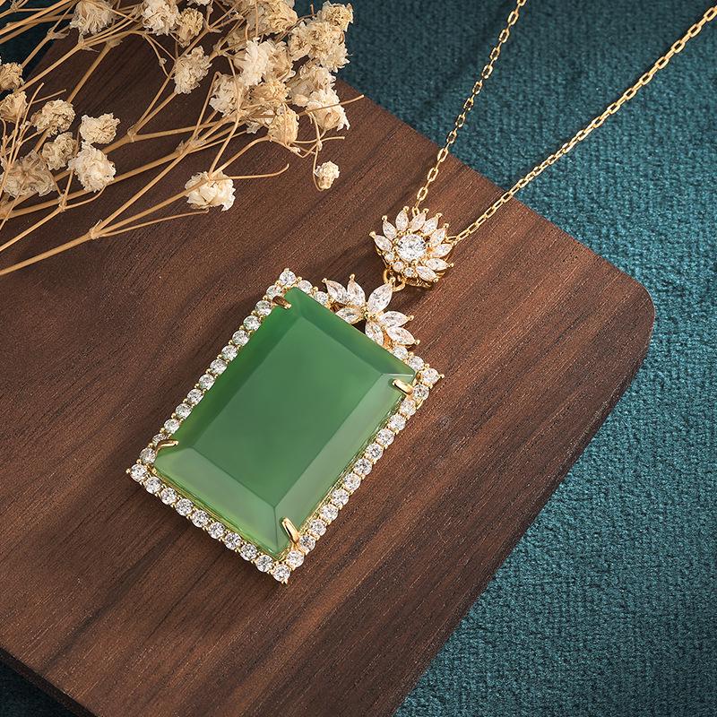 Aieryuan Chinese Ethnic Jade Pendant Necklace - Natural Green Chalcedony Peaceful Square for Men and Women