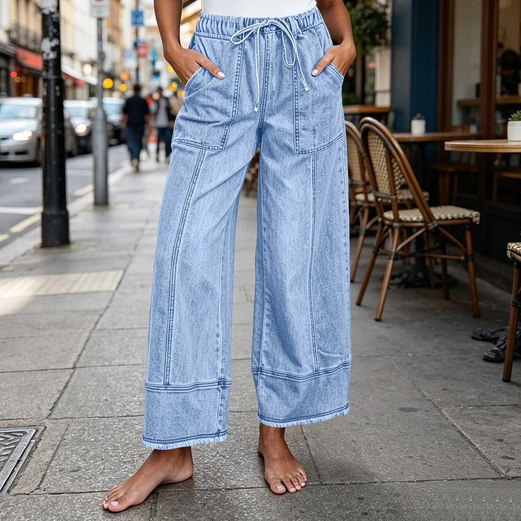 Women's Casual Wide Leg Drawstring Jeans with Pockets for Everyday Wear