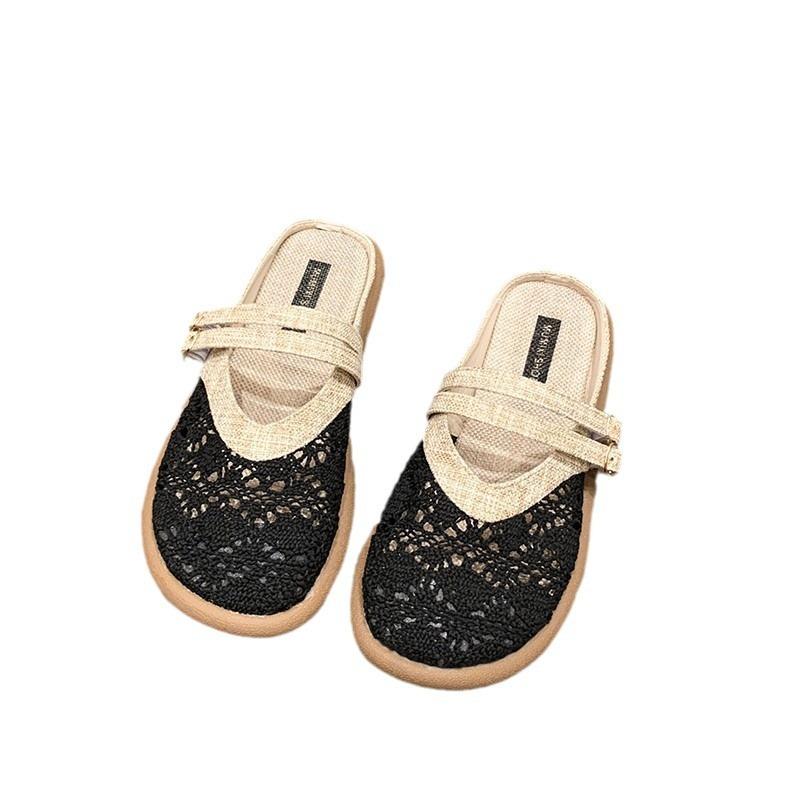 Grid linen lace casual non-slip breathable large size ethnic style linen lace casual flat-bottomed slippers women