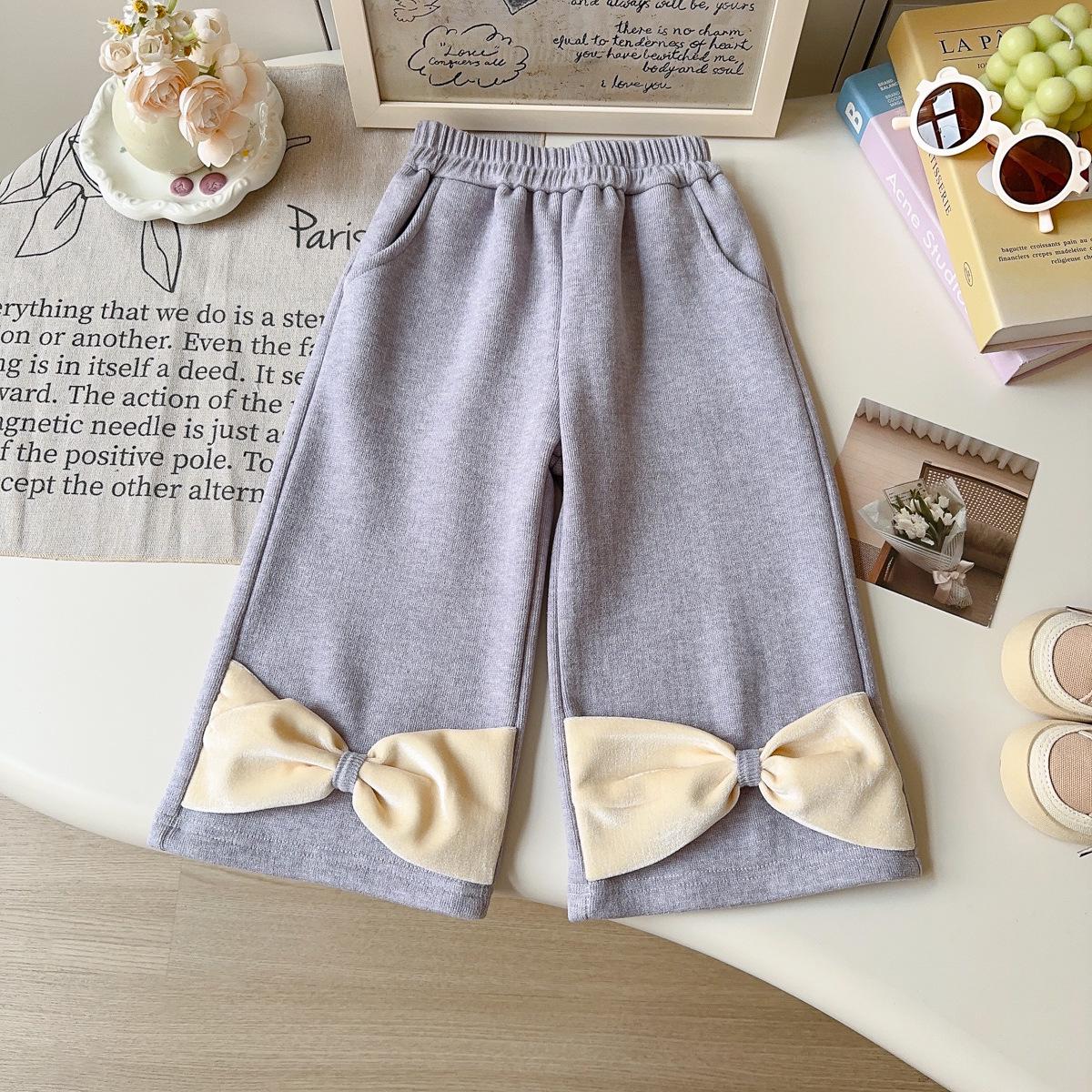 

Girls Winter Velvet Wide-Leg Pants with Bow - Korean Style Fashion 100