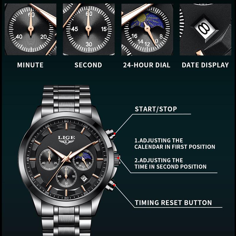 LIGE Business Watches Mens Top Brand Luxury Quartz Wristwatch 3Bar Waterproof Chronograph Luminous Watch for Gentleman Gift+Box