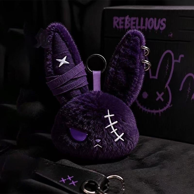 1Pcs Gothic Plush Rabbit Keychain With Soft Fluffy Texture And Cool Punk Design Perfect For Bag Decoration And Gifting