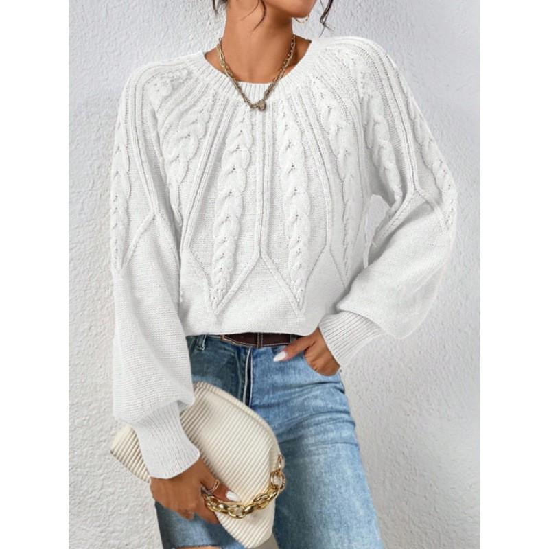 Womens Crew Neck Long Sleeve Knit Sweater Loose Fit Cable Solid Color Casual Winter Basic Top