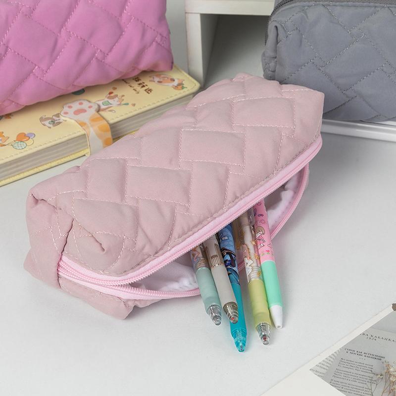 Large Capacity Pen Bag Organizer Simple Solid Color Quilted Pencil Case Cosmetic Bag Stationery Storage Pouch School Supplies