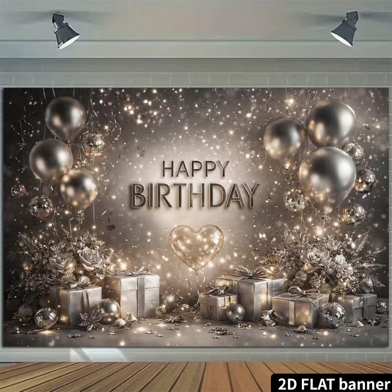 2D Luxury Silver Glitter Happy Birthday Backdrop Banner for Women Birthday Party