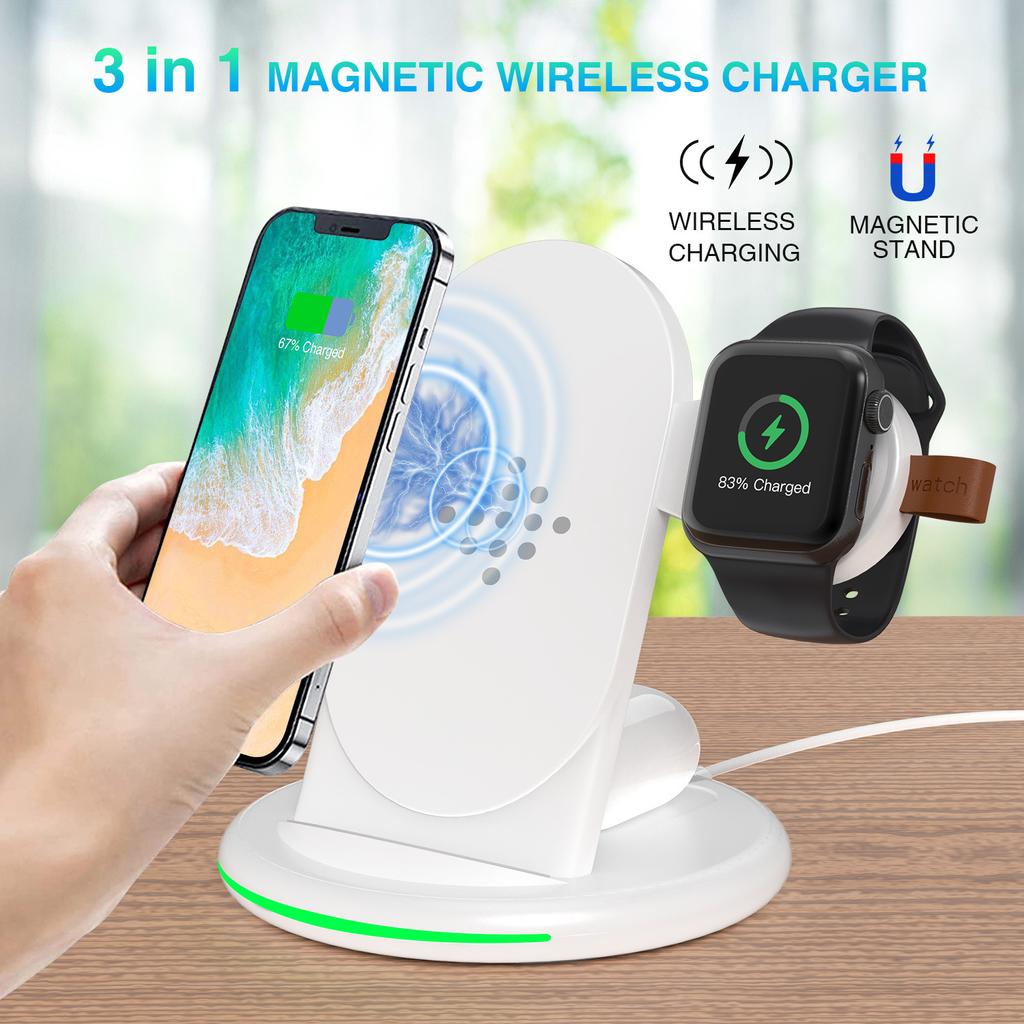 3 in 1 Magnetic Wireless Charger 15W Stand Fast Wireless Charging for Samsung Xiaomi Huawei Phones iPhone Apple iwatch Earphone