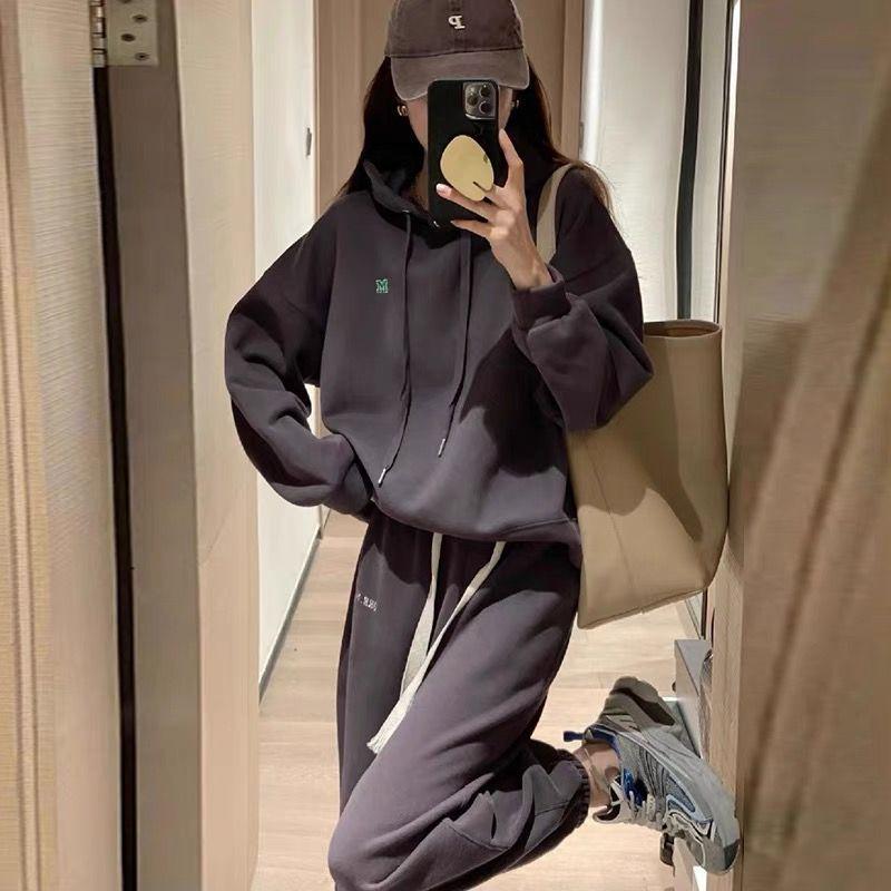 Korean Style Women's Hooded Sweatshirt & Joggers Two-Piece Set with Letter Embroidery