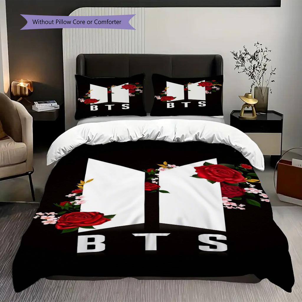 Bts Globale Musik-Sensation Dreiteiliges Set (1 Bettbezug + 2 Kissenbezüge, ohne Füllung) 2D flaches Weihnachts-Geburtstagsgeschenk Bettbezug und Kissenbezug