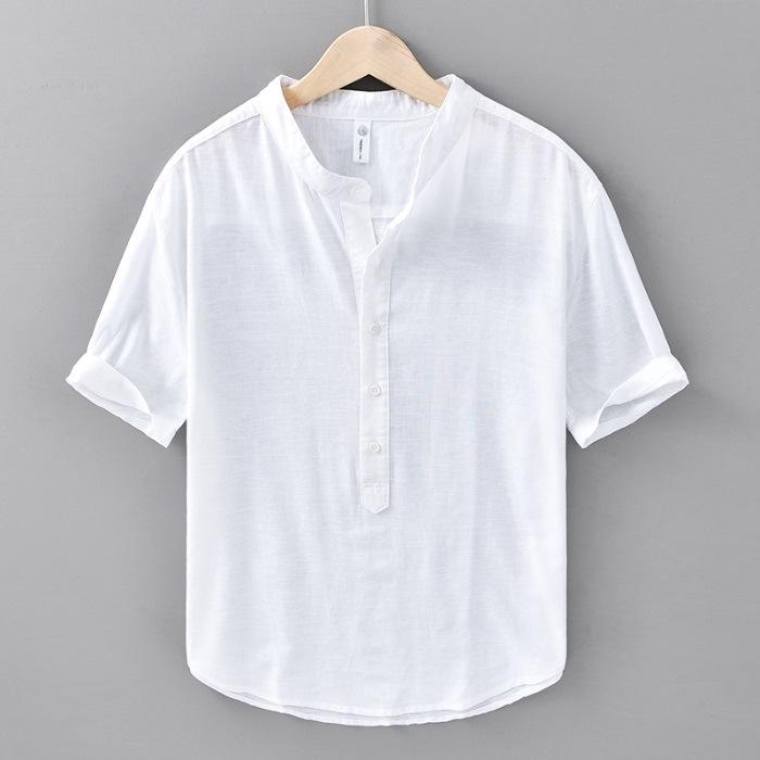 Cotton and Linen Stand Collar Summer Short-sleeved Shirt Pullover Simple Casual Linen Shirt
