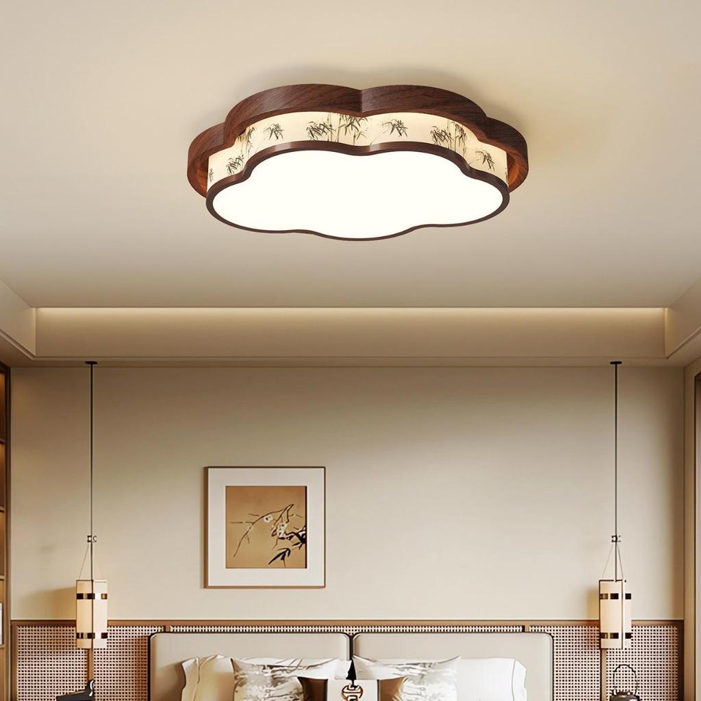 Song Dynasty-Style Walnut Ceiling Light with Cloud Print Fabric for Bedroom