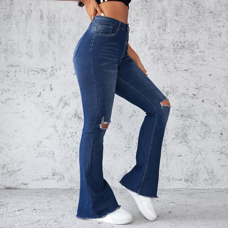 Spring and Summer New Ebaywish Slim-fitting High-waisted High-elastic Ripped Denim Trousers for Women