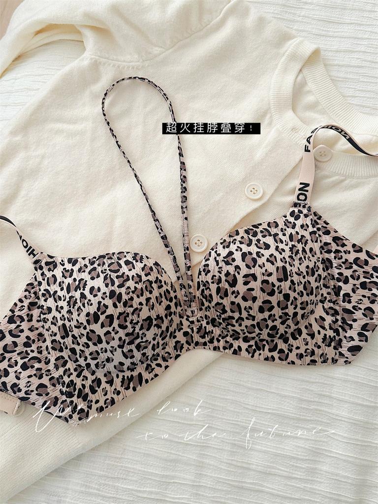 Sexy leopard print underwear girl small chest flat chest special gathering without steel ring upper support secondary breasts thickened bra bra