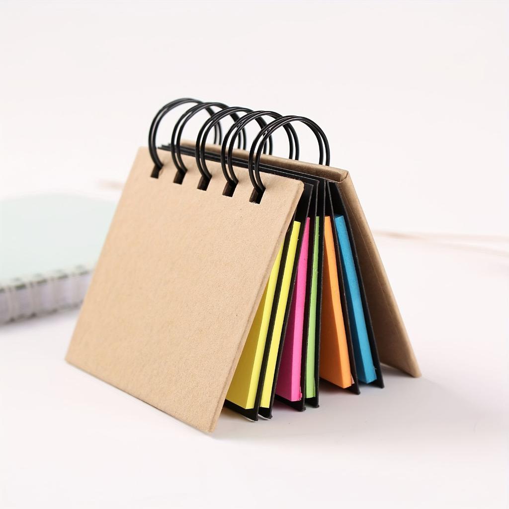 Colorful Spiral Sticky Note Paper -5 Colors, Brown Cover Self-adhesive Notebook, Compact and Portable, Suitable for Office, Home or School Use