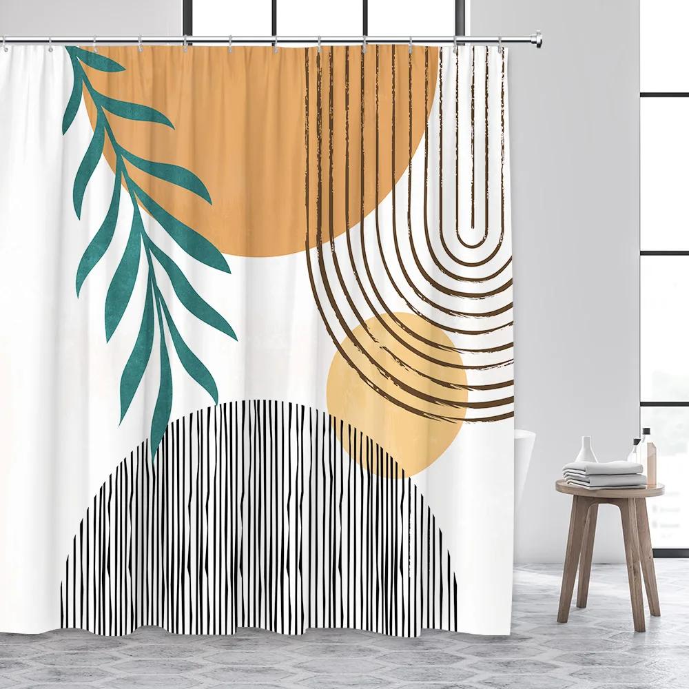 

Mid Century Minimalist Abstract Shower Curtain Abstract Contracted Modern Art Sun Green Leaves Bathroom Fabric Curtain Decor W90XH180cm
