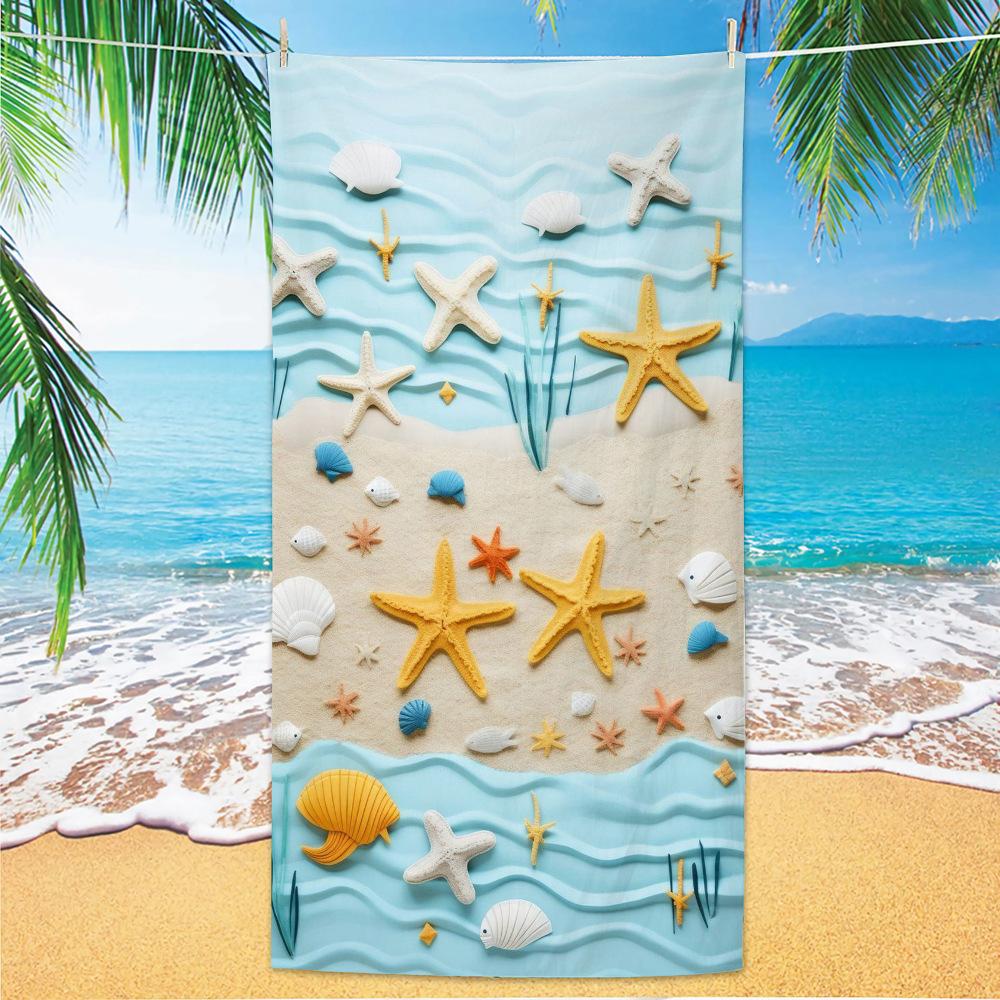 2Dreliëf Zeester Strandlaken, Zand & Oceaan Golf Print Sneldrogend Handdoek