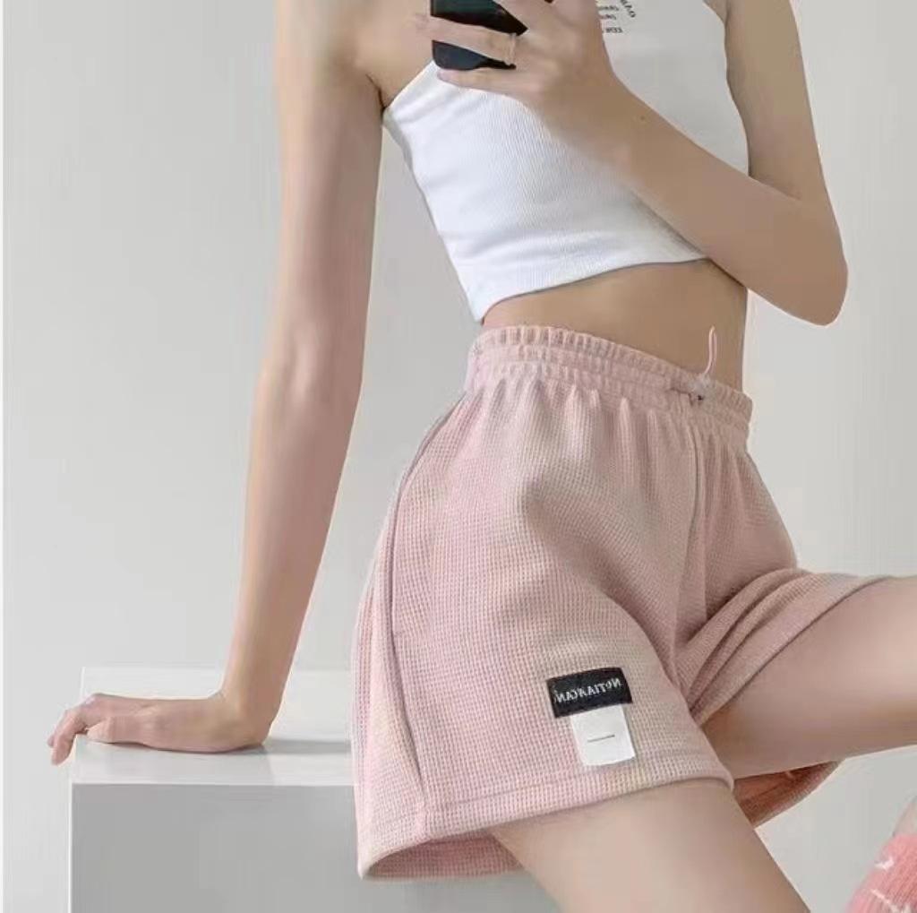 Waffle Shorts, Loose Sports Shorts Women's Elastic Waist Wide Leg Hot Pants Casual Skinny High Waist Straight Home