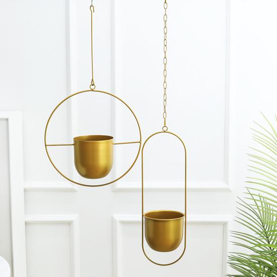 Modern Hanging Planter Geometric Iron Flowerpot with Hanging Chain Wall Ceiling Planter Hanger Houseplant Holder Pot for Indoor Outdoor Decoration