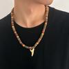KunJoe Vintage Braune Holzperlen Choker Halskette für Herren Punk Haifischzahn Anhänger Halskette 2025 Mode Männlicher Hals Schmuck