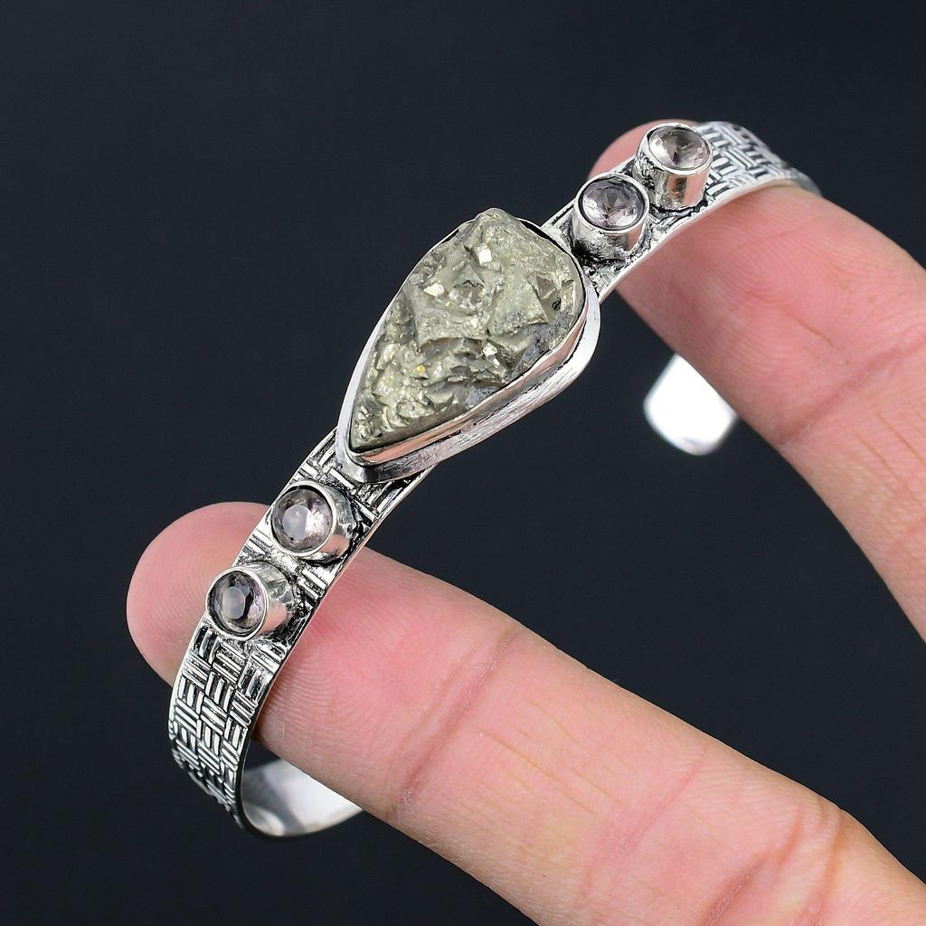 Gift For Her 925 Sterling Silver Natural Pyrite Druzy Gemstone Bangle Adjustable