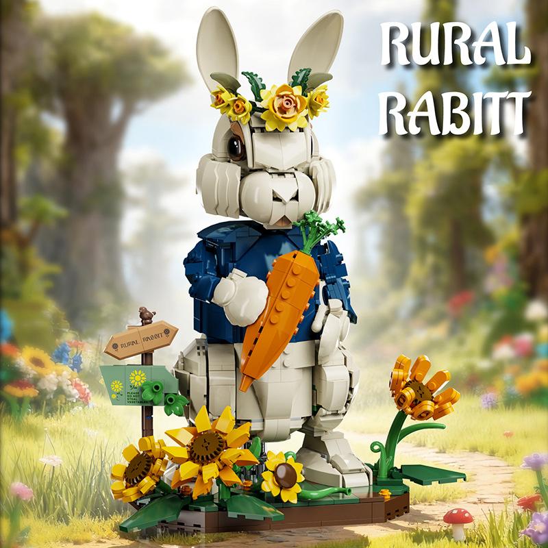 Mr. Rabbit Building Blocks Assemble Pastoral Bunny Animal Table Home Decoration Rural Flowers Rabbit Diy Toys Children Gift