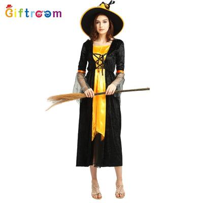 Halloween Cosplay Witch Orange Flannel Black Dress Witch Stage Costume
